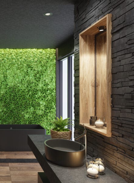 Luxe moderne home spa badkamer met matzwarte tegels en groene mosplantenwand