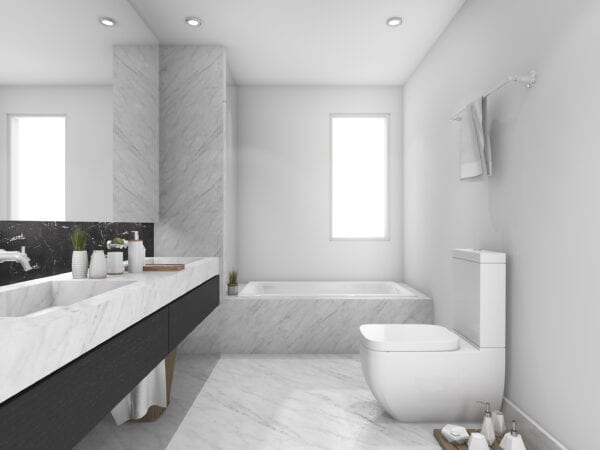3d rendering wit en zwart marmer toilet en badkamer