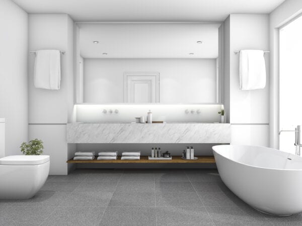 3D rendering witte luxe badkamer in de buurt van raam