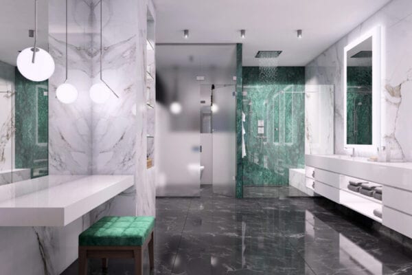 Luxe badkamerinterieur met glazen deur