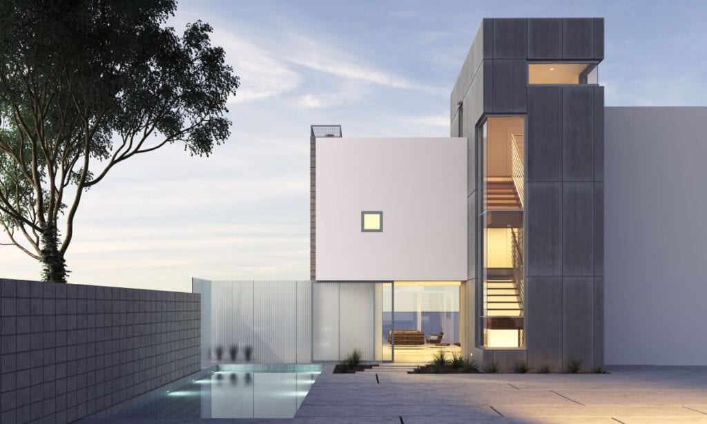 Buitenkant van modern huis met minimalistische geometrische architectuur