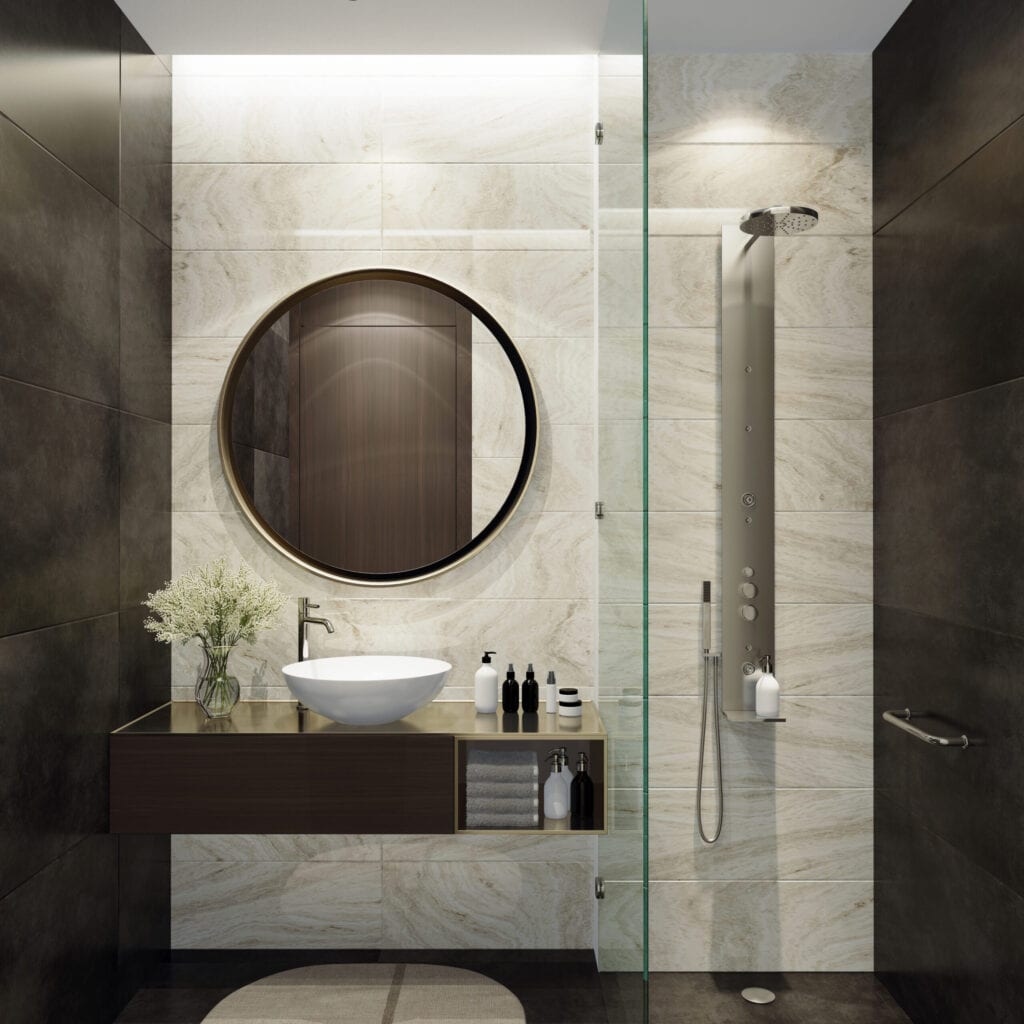 Luxe badkamer met natuurzwarte stenen tegels en witte stenen tegels. Ronde spiegel. Kleine badkamer.